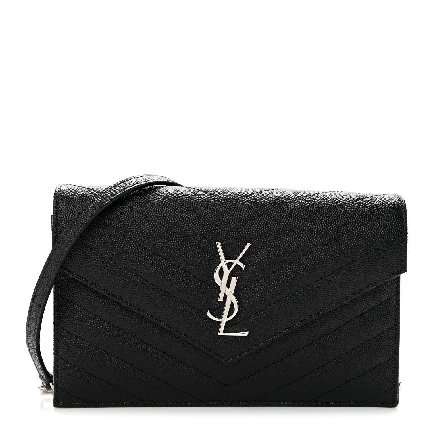 Saint Laurent Grain De Poudre Matelasse Chevron Monogram Envelope Chain Wallet Black