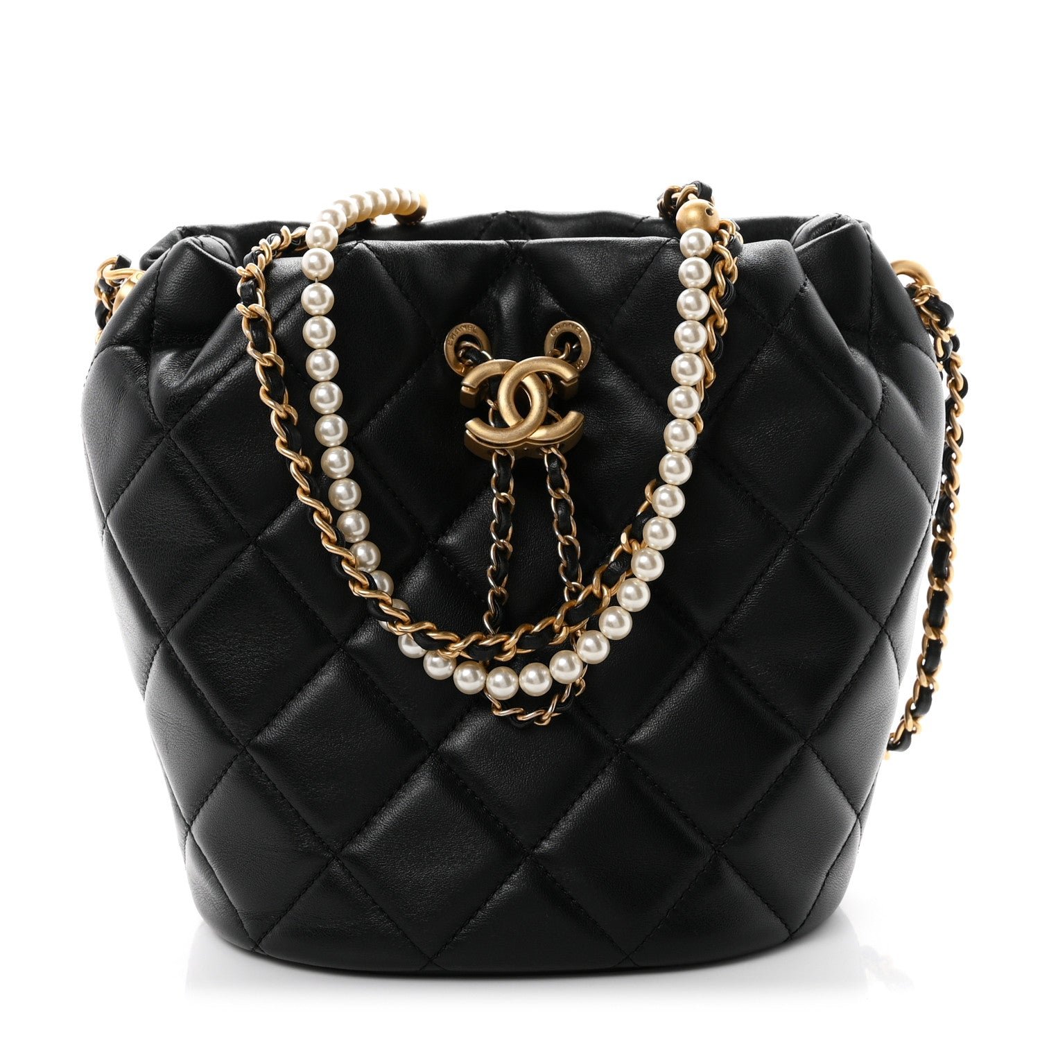 Chanel Lambskin Quilted My Perfect Chain Bucket Drawstring Bag Black