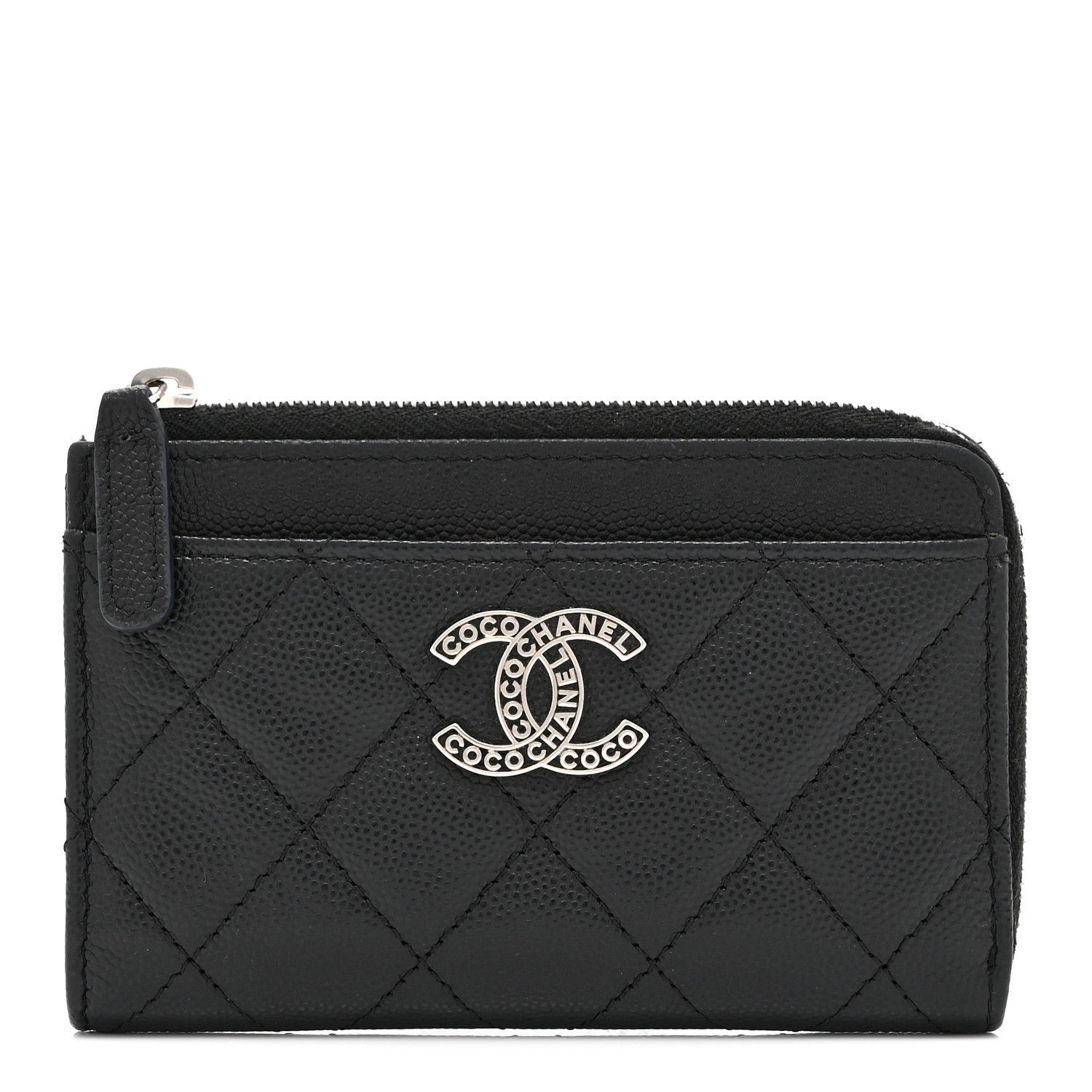 Chanel Caviar Quilted CC Logo Zip Around Card Holder Black