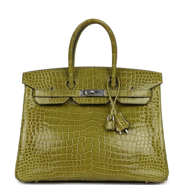 Hermes Pre-owned Hermes Birkin 35 Vert Anis Shiny Porosus Crocodile Palladium Hardware