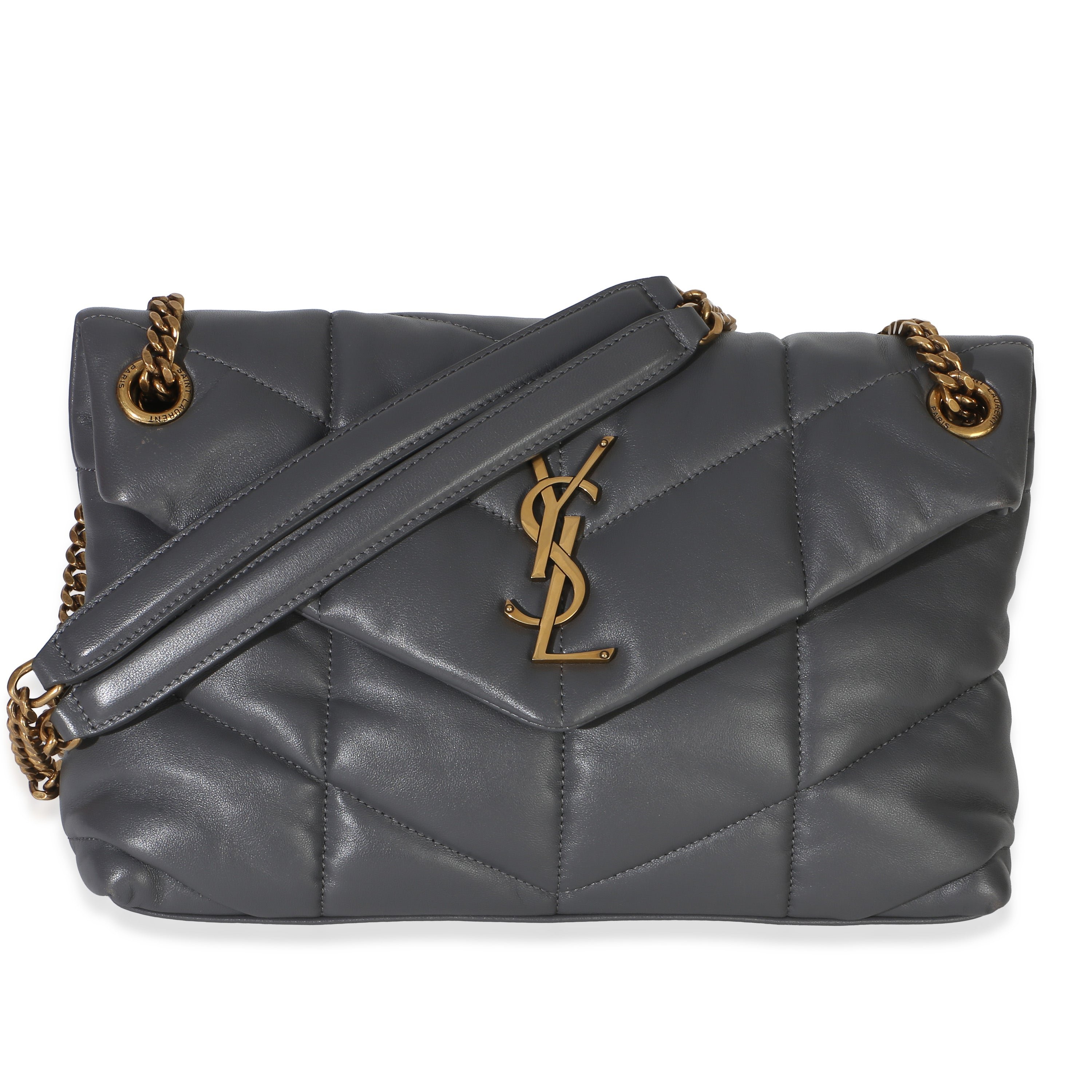 Grey Quilted Lambskin Small Loulou Puffer Chain Satchel