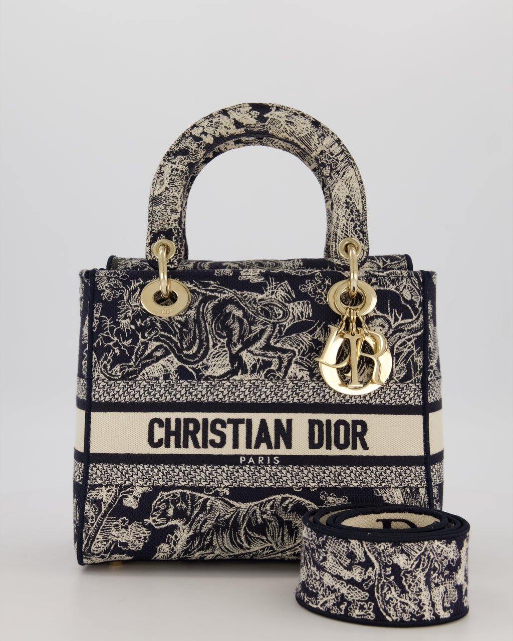 Christian Dior Medium Lady D-Lite Blue and White Toile de Jouy Bag in Canvas with Gold Hardware
