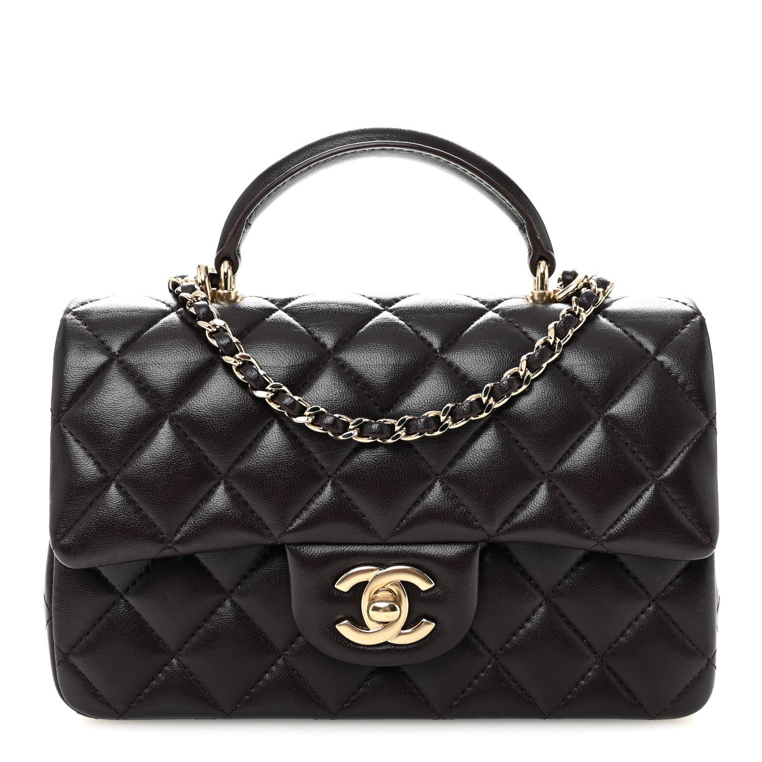 Chanel Lambskin Quilted Mini Top Handle Rectangular Flap Dark Purple