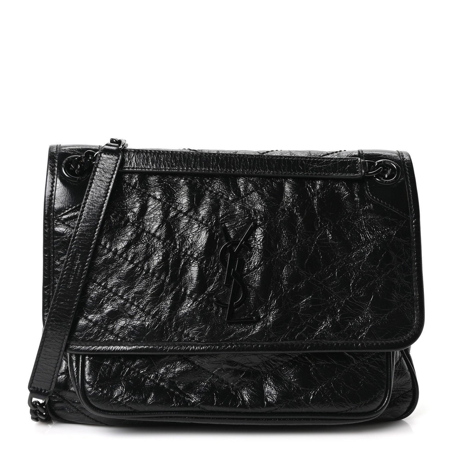 Saint Laurent Crinkled Calfskin Matelasse Monogram Medium Niki Chain Satchel Black