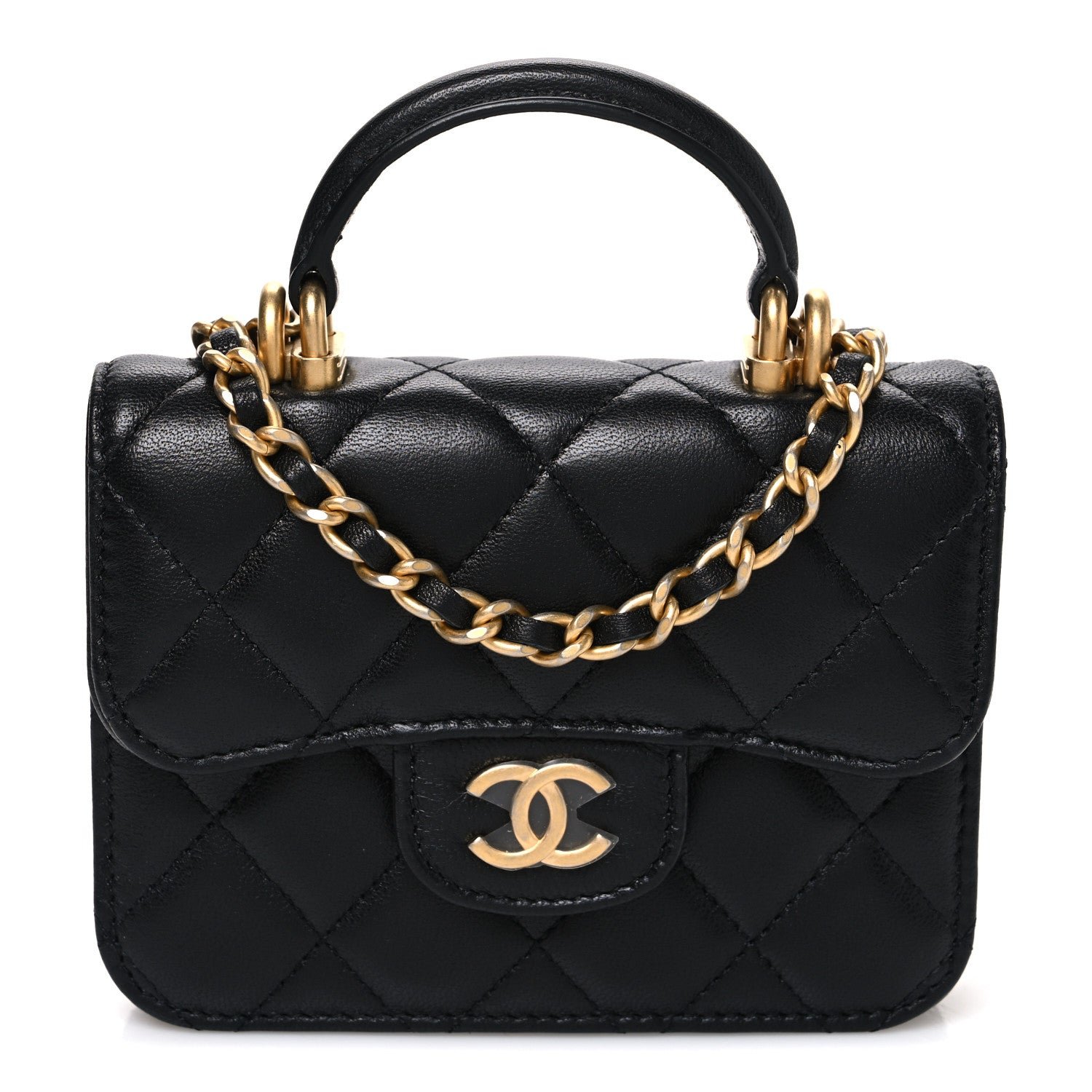 Chanel Lambskin Quilted Top Handle Flap Coin Purse With Chain Black