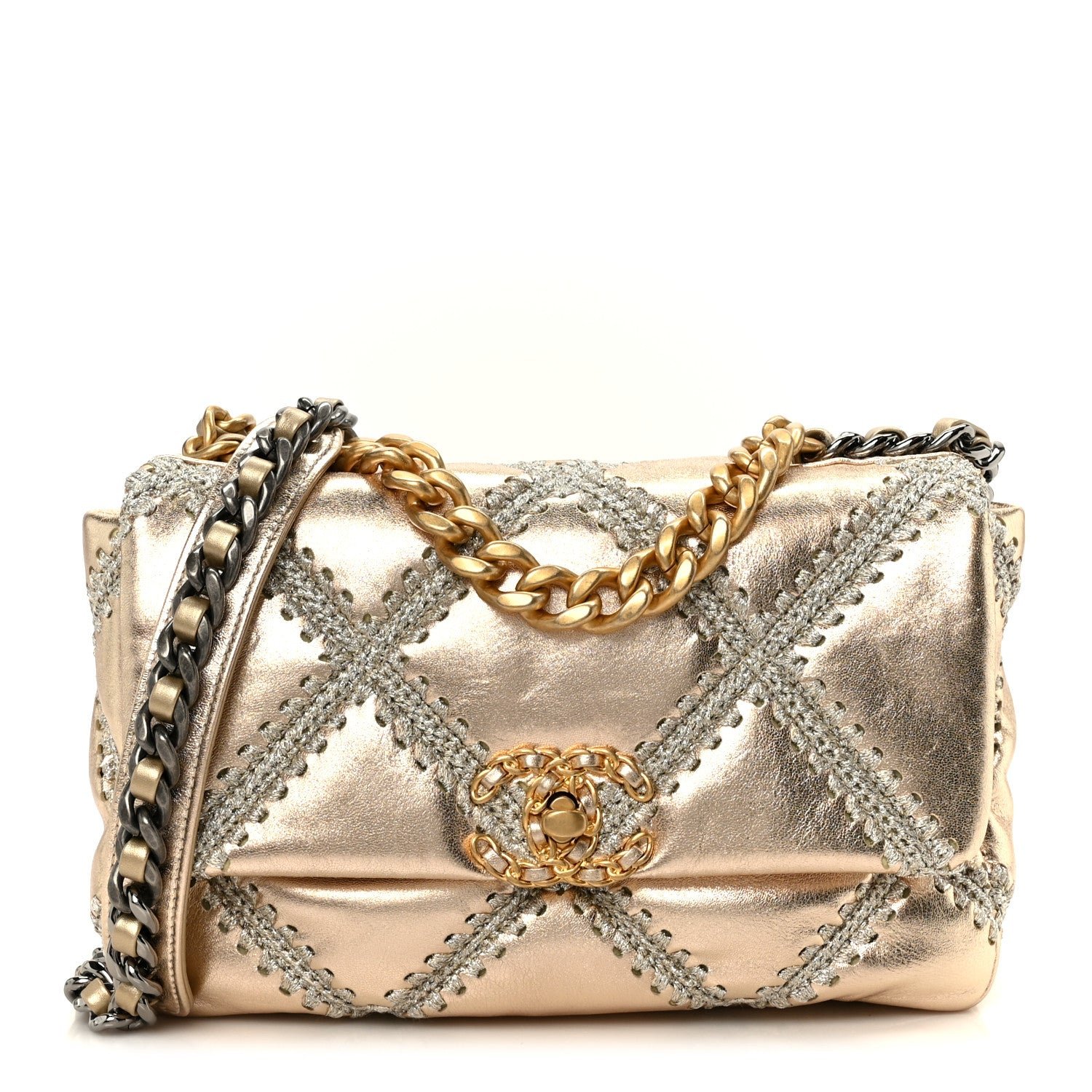 Chanel Metallic Calfskin Crochet Medium Chanel 19 Flap Gold