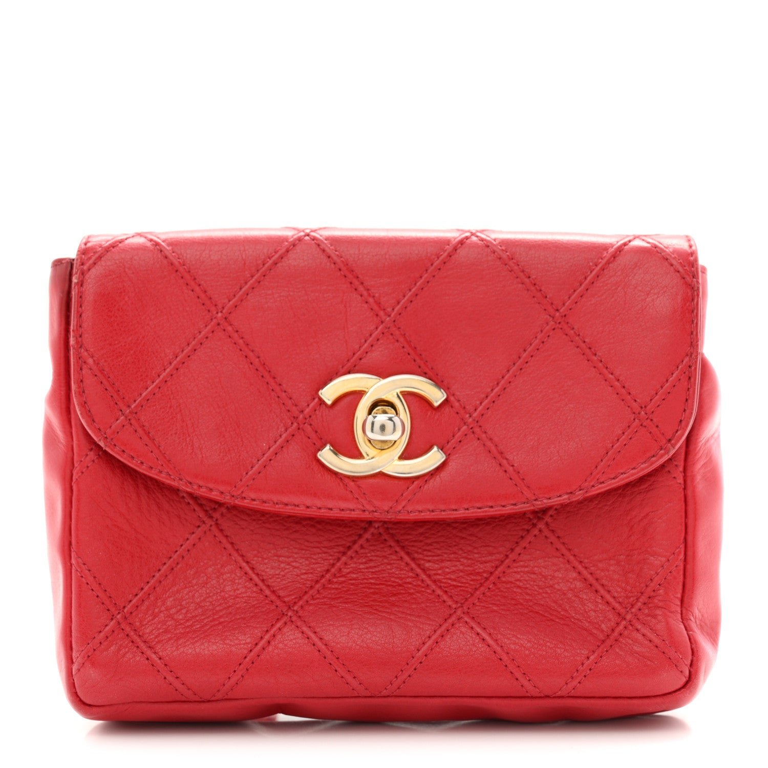 Chanel Lambskin Diamond Stitched Waist Chain Belt Flap Bag 75 30  Red