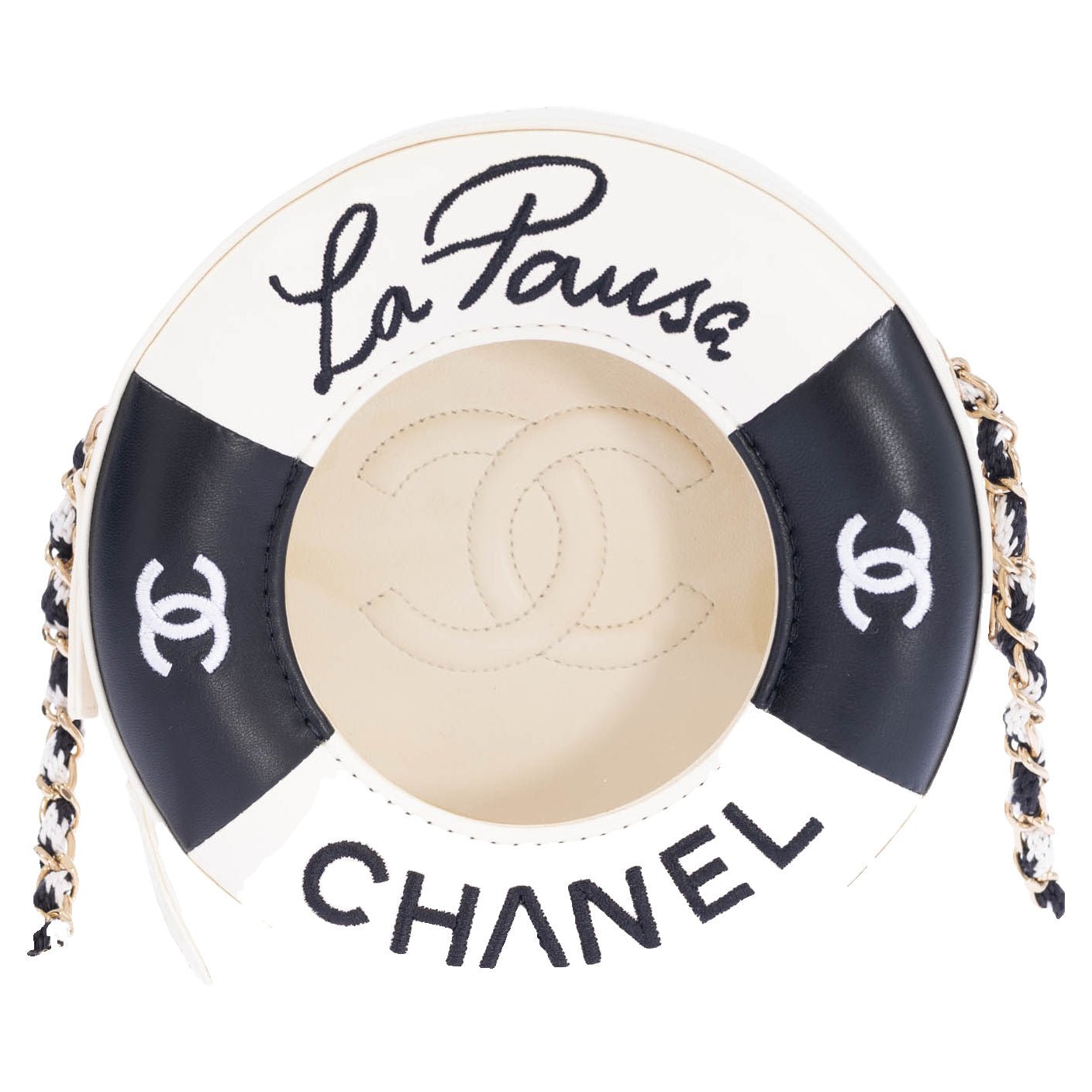 Chanel La Pausa Lifesaver Round Bag White and Black Lambskin Gold Hardware