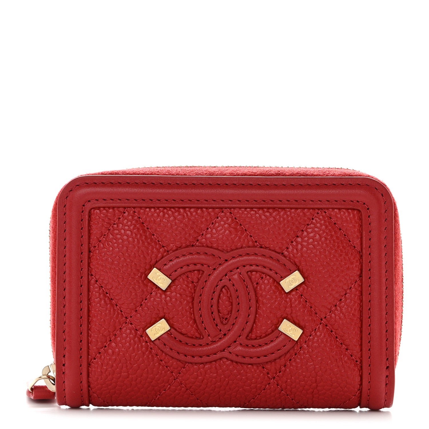 Chanel Caviar Quilted Filigree Zip Around Coin Purse Red