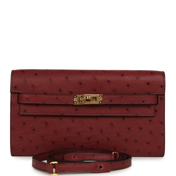 Pre-owned Hermes Kelly Wallet To Go Rouge H Ostrich Gold Hardware