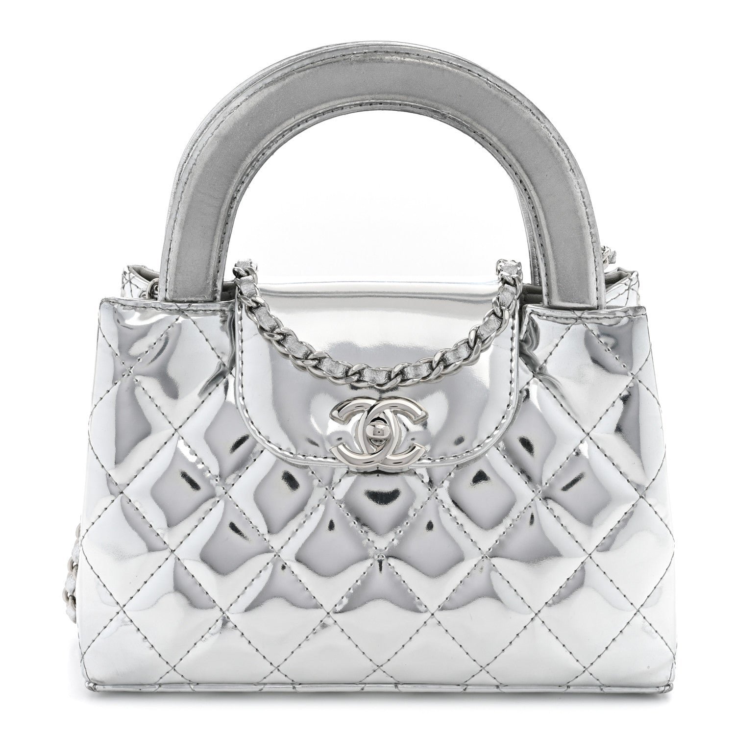 Chanel Mirror Calfskin Metallic Calfskin Quilted Nano Kelly Shopper Silvery