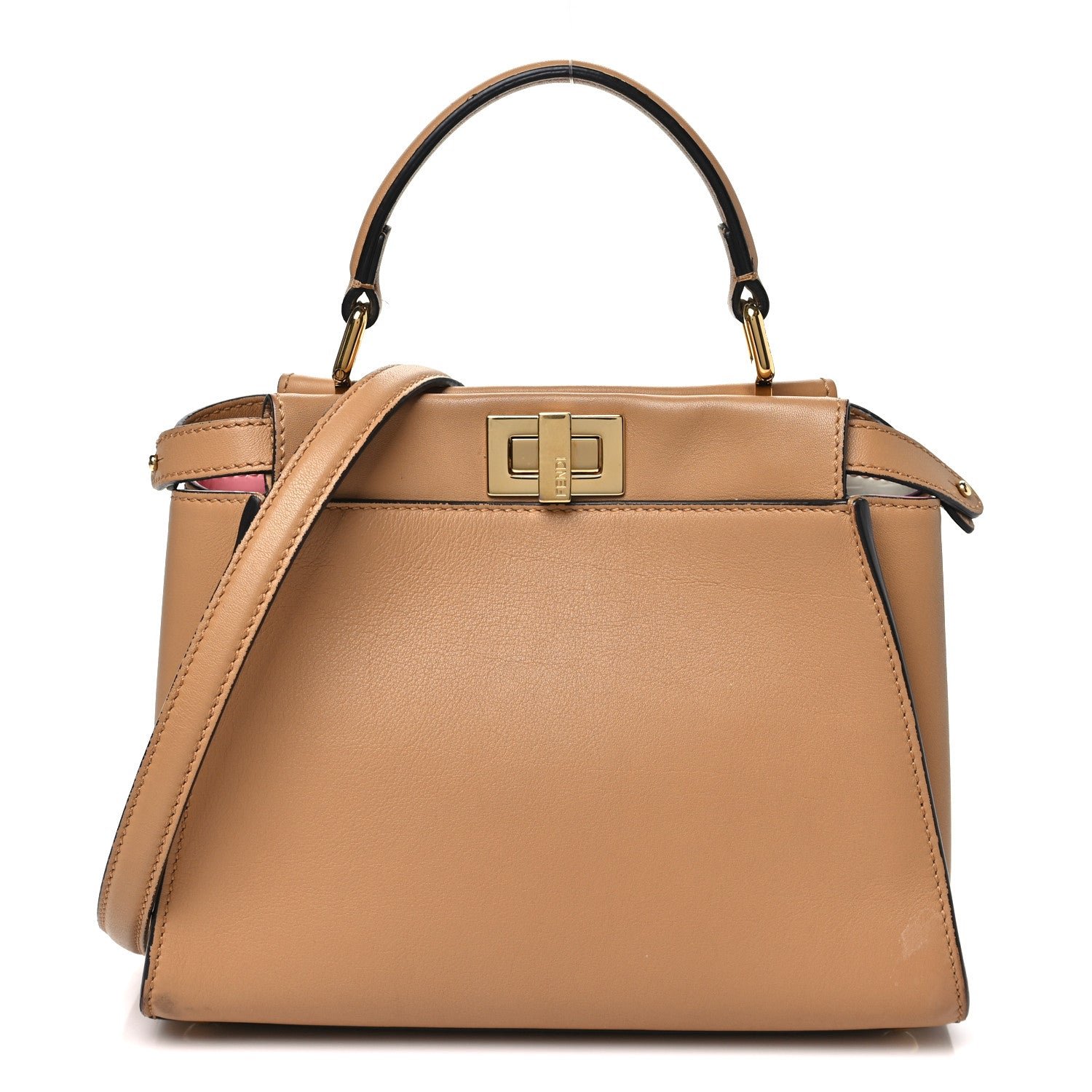 Fendi Vitello Seta Nappa FF Embossed Mini Peekaboo Iconic Satchel Miele Scuro Miele Scuro