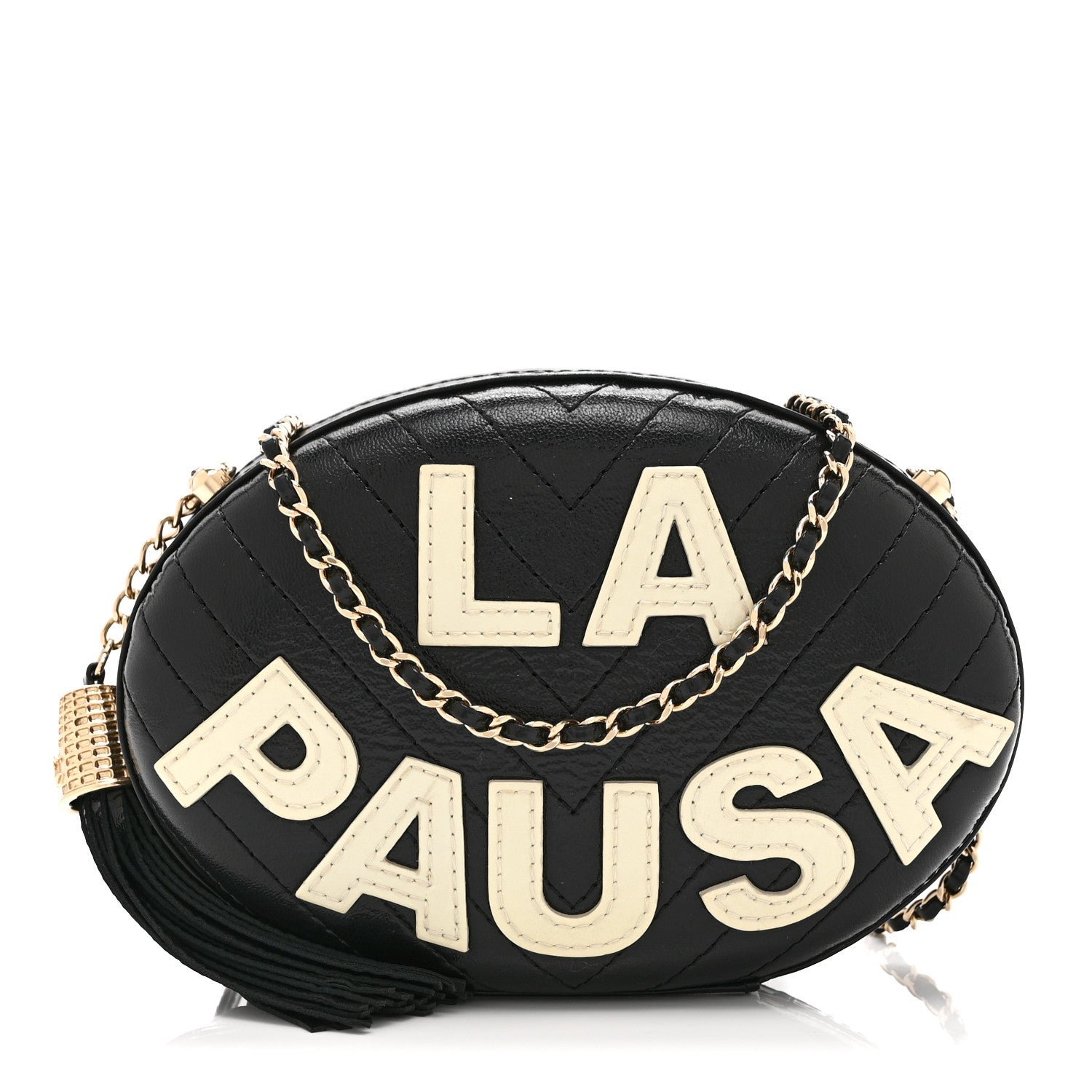 Chanel Lambskin Embroidered Chevron Quilted La Pausa Tassel Clutch Black