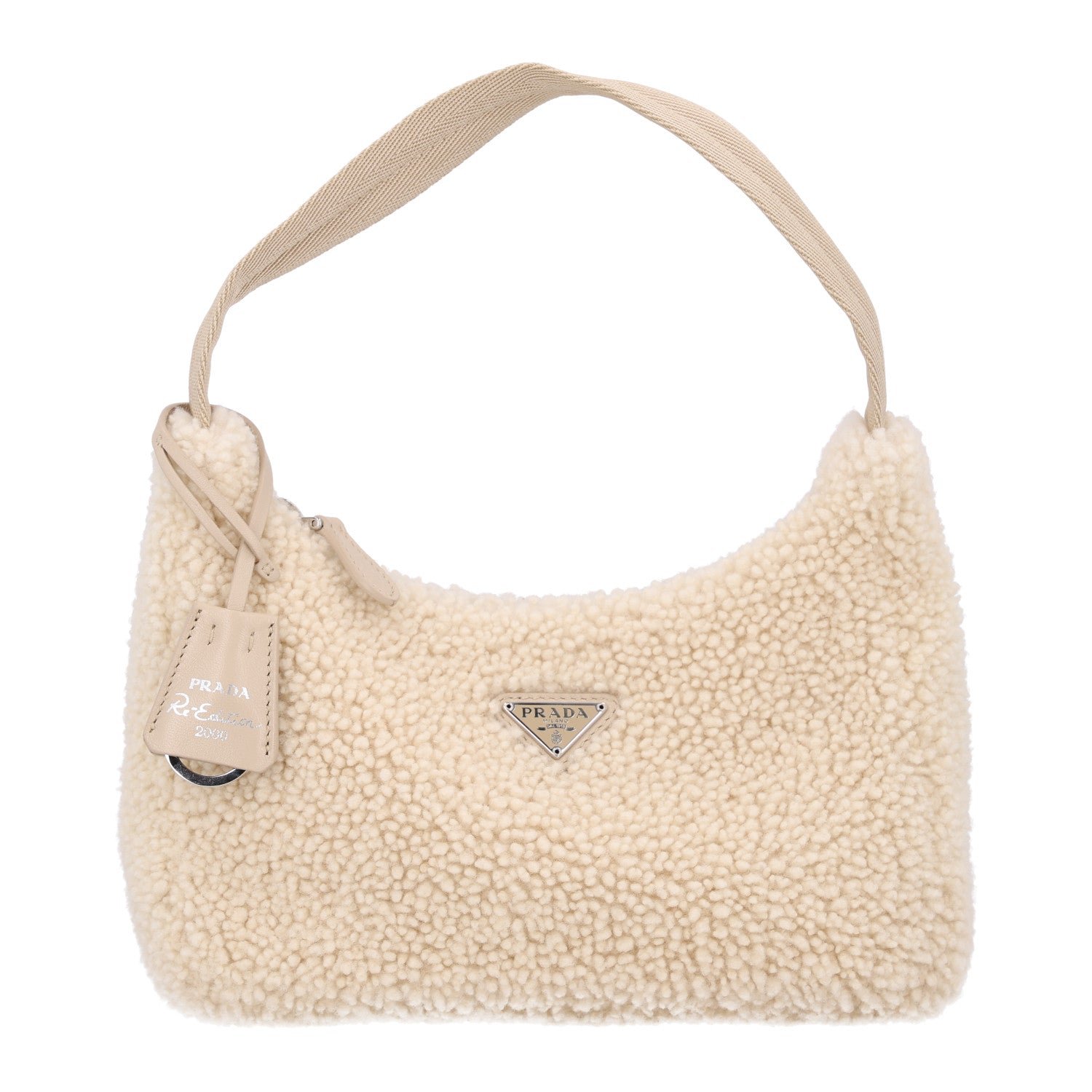 Prada Shearling Mini Re-Edition 2000 Bag Ecru
