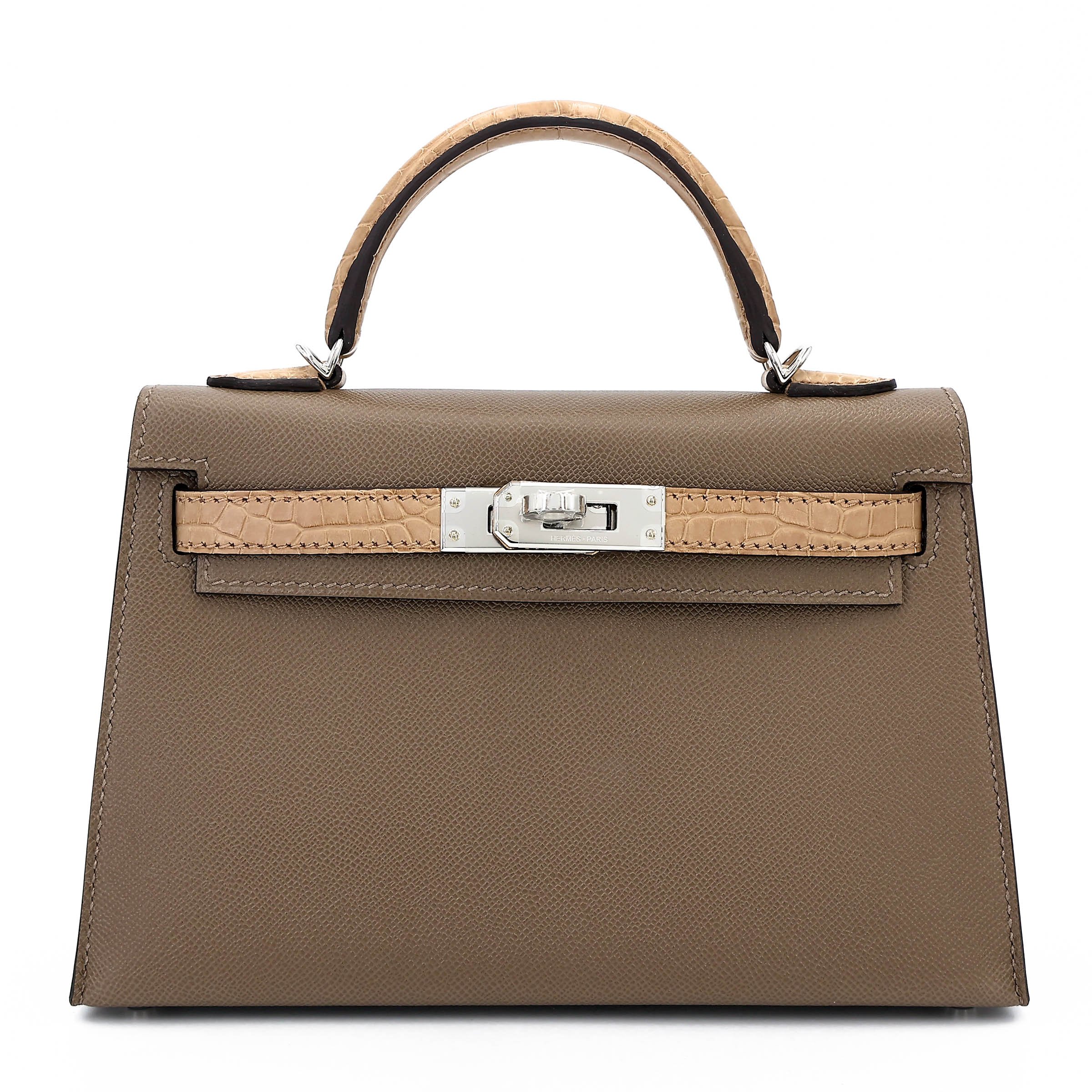 Brand New ( Rank N ) HERMÈS Mini Kelly II Touch Etoupe (18) Chai (0M) Madame Matte Alligator Palladium hardware G (2026)