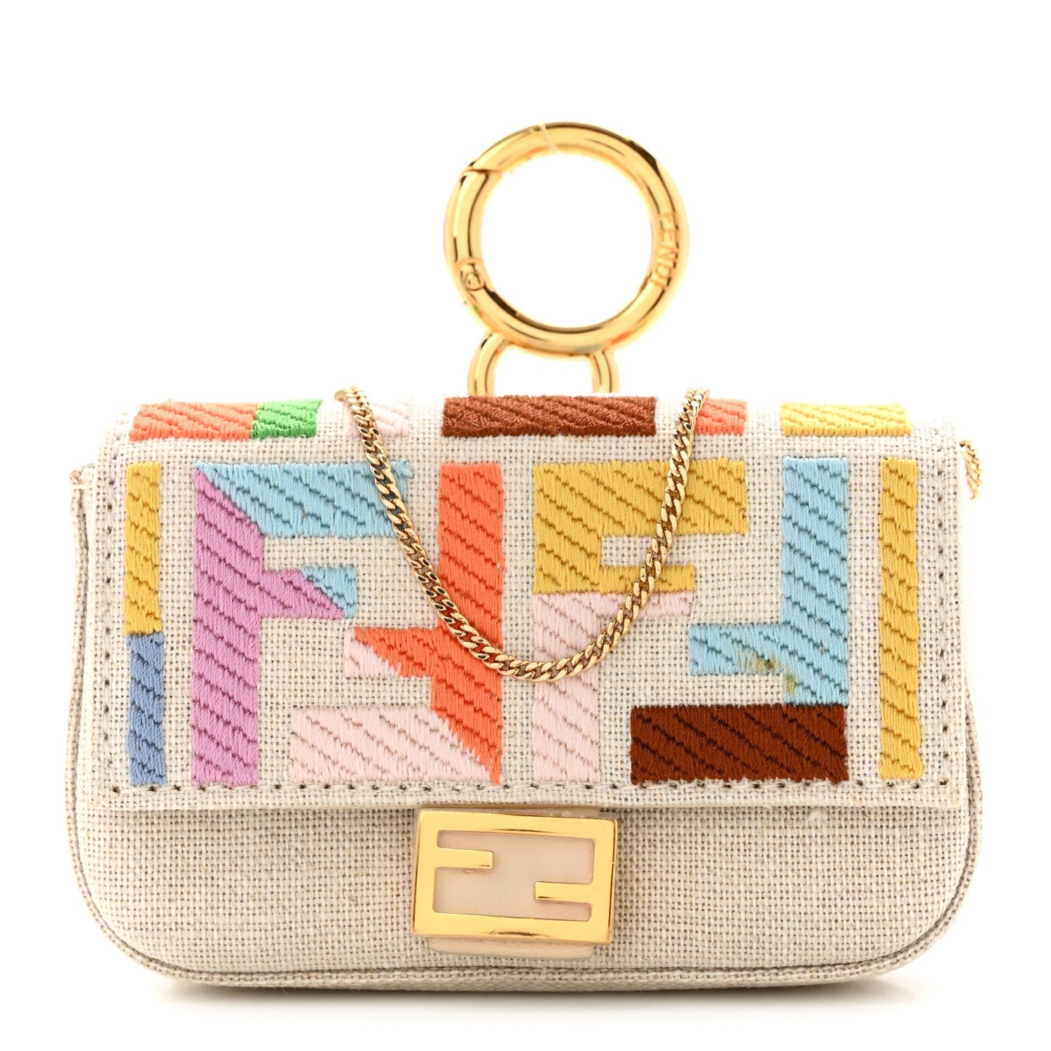 Fendi Kuban Canvas FF Embroidered Nano Baguette Charm Grezzo Multicolor