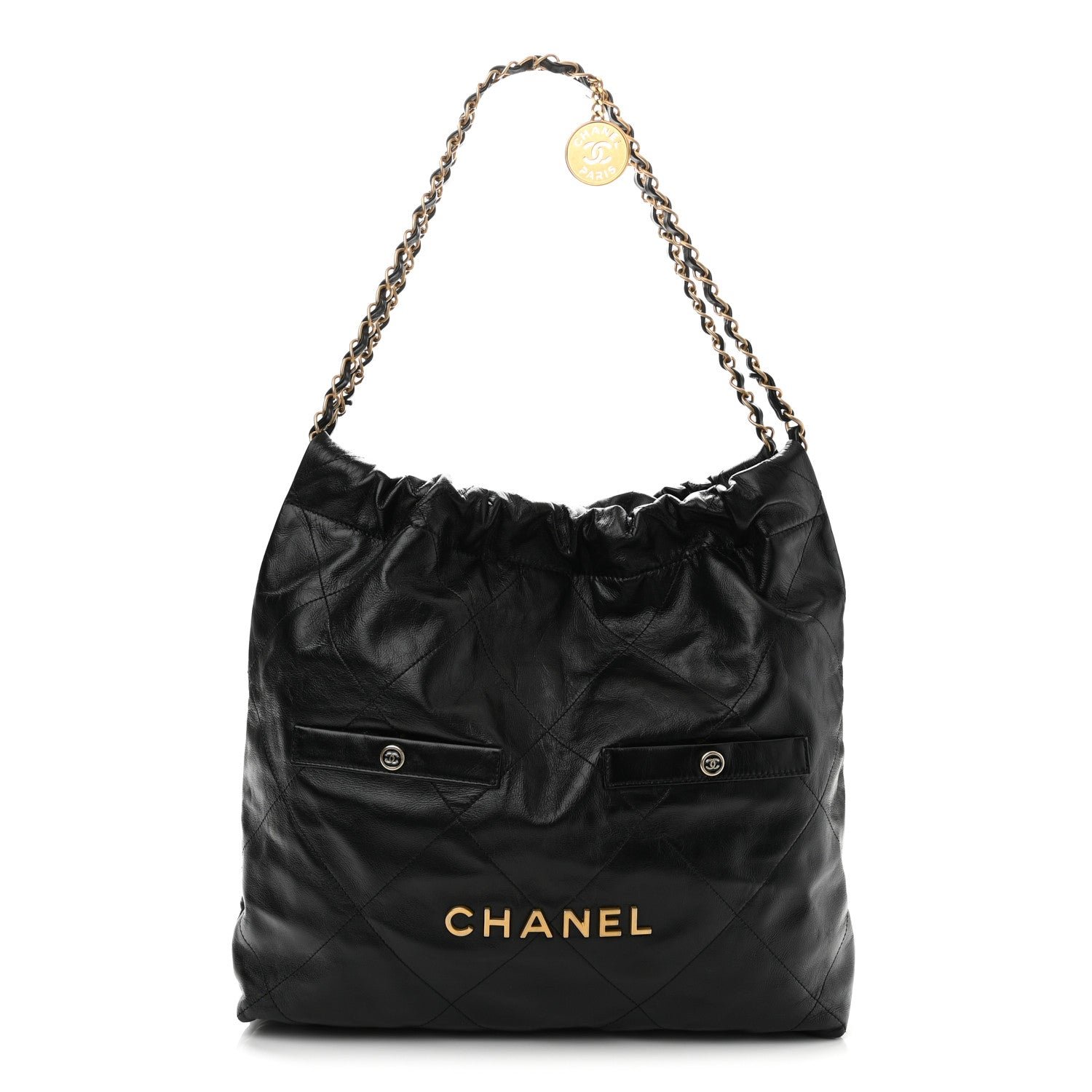 Chanel Shiny Calfskin Double Pocket Quilted Chanel 22 Black