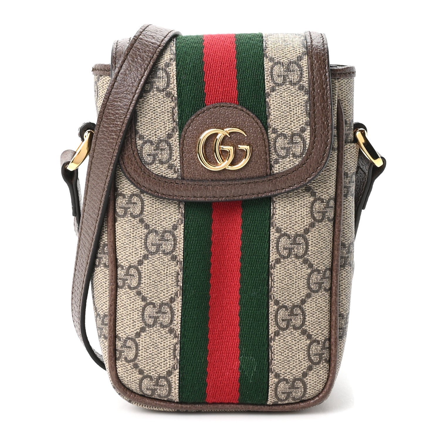 Gucci GG Supreme Monogram Web Ophidia Phone Crossbody Bag Beige New Acero