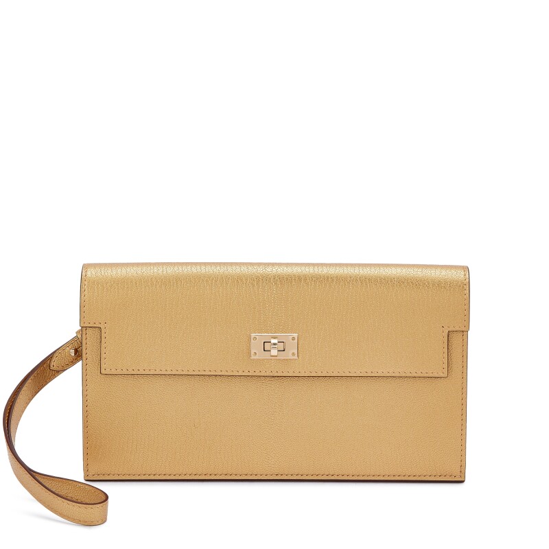 Hermes Dore Chamkilight Metallic Kelly Pocket Long Wallet Permabrass Hardware, 2024