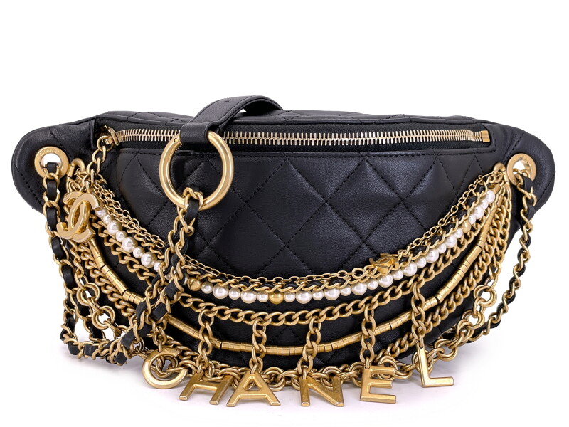 Black Quilted Lambskin Imitation Pearl Paris-New York All About Chains Fanny Pack Waist Bag Aged Gold Hardware, 2019