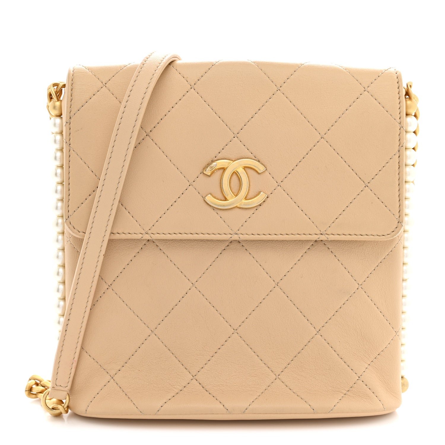 Chanel Calfskin Quilted Pearl Small About Pearls Hobo Bag Beige