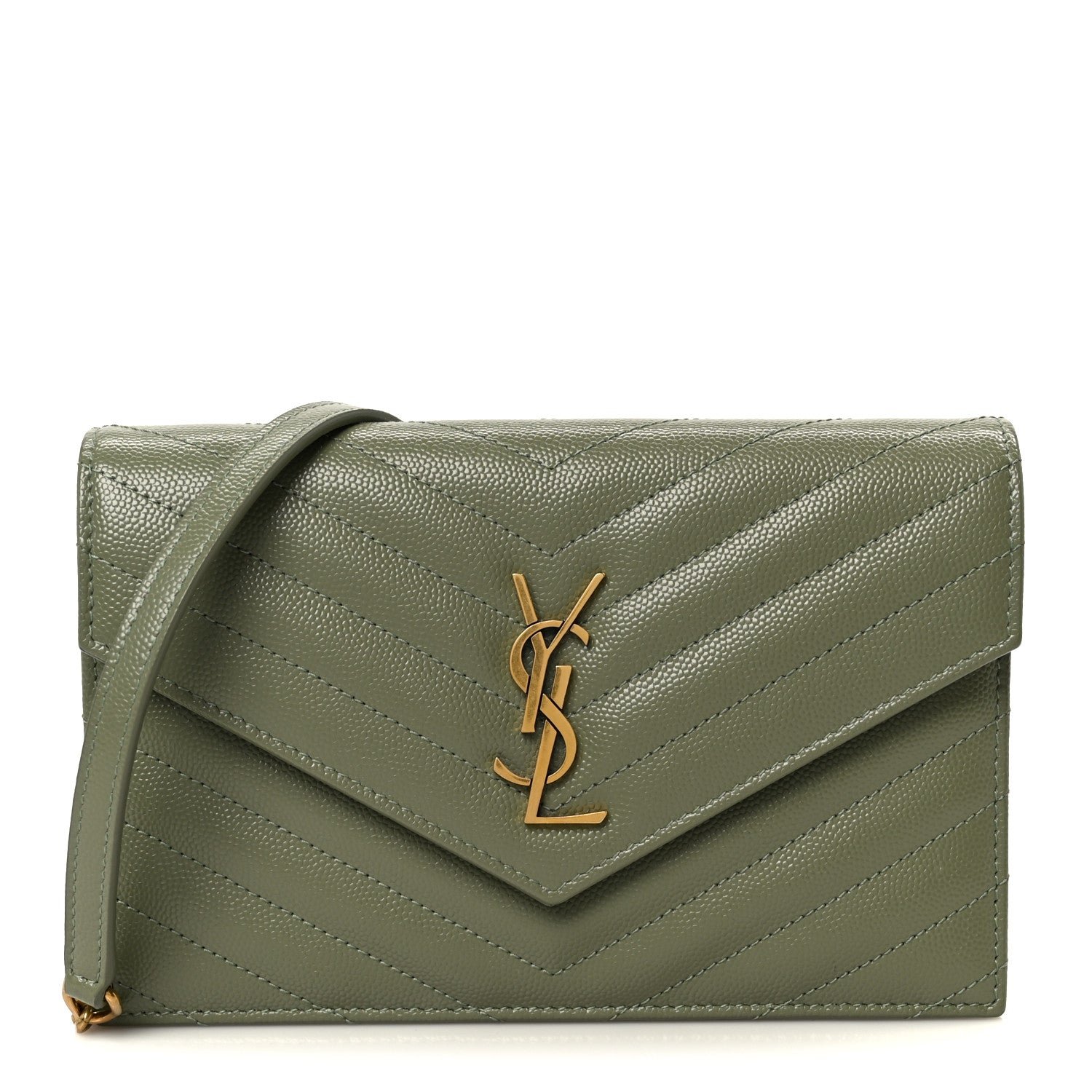 Saint Laurent Grain De Poudre Matelasse Chevron Monogram Envelope Chain Wallet Light Sage