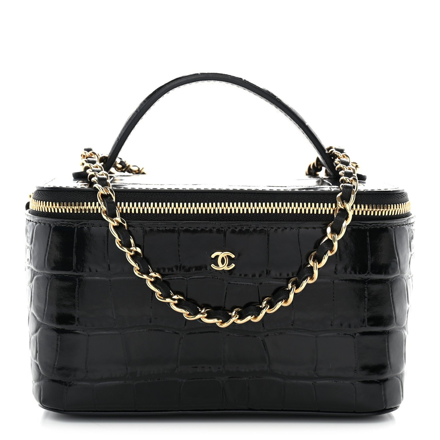 Chanel Calfskin Crocodile Embossed Crococo Small Top Handle Vanity Case With Chain Black