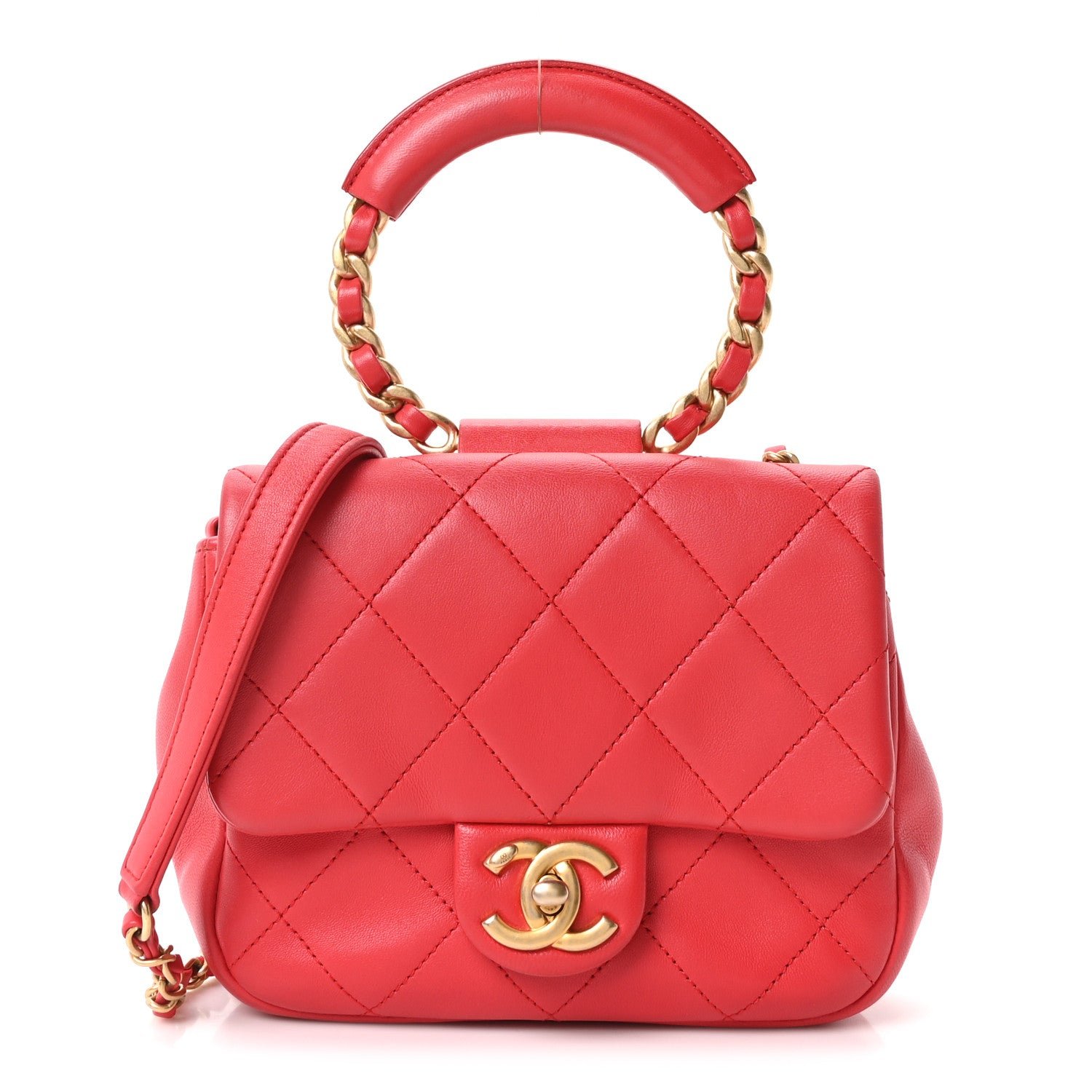 Chanel Lambskin Quilted Small Circular Handle Bag Brilliant Rouge
