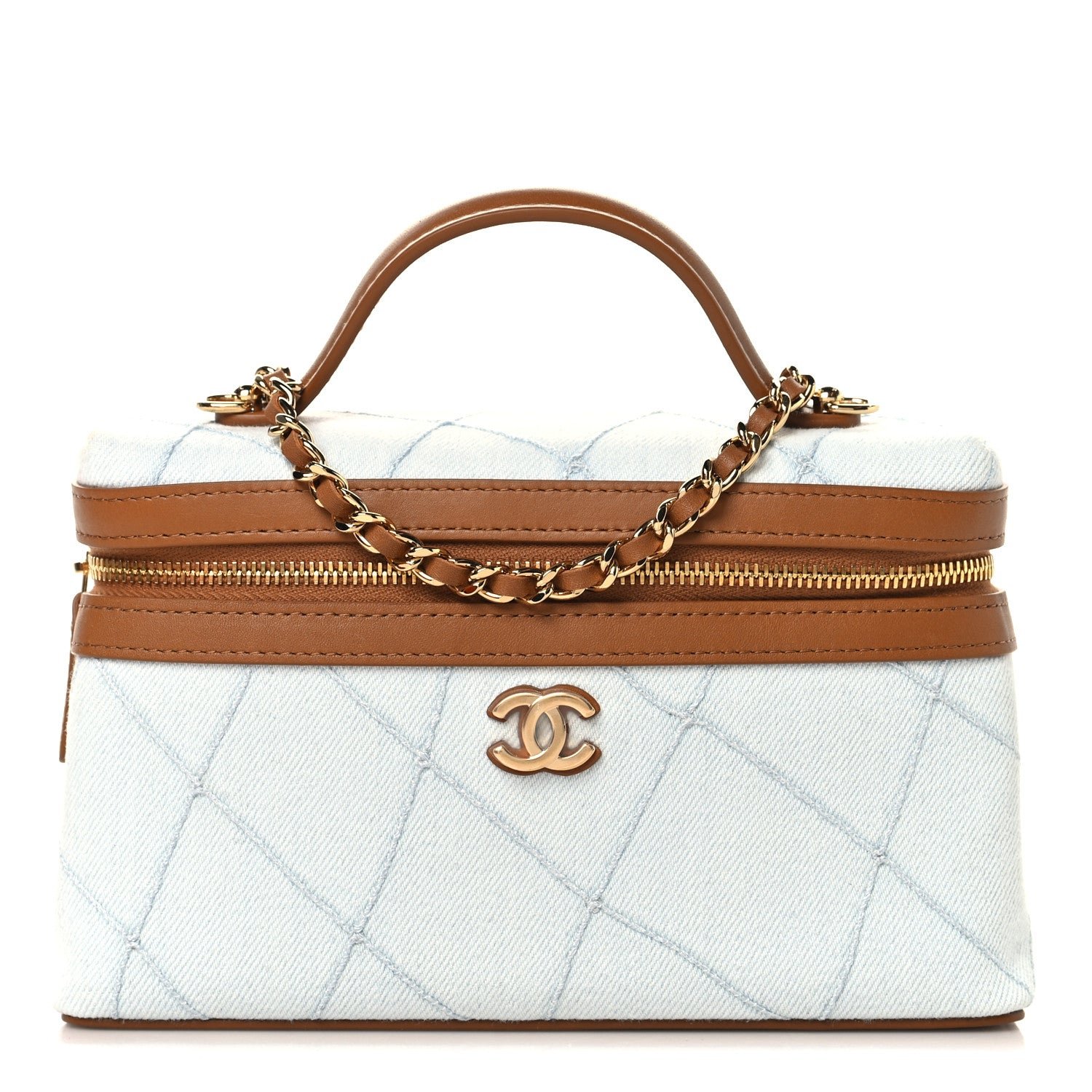 Chanel Washed Denim Calfskin Quilted Top Handle Slim Vanity Case With Chain Blue Brown