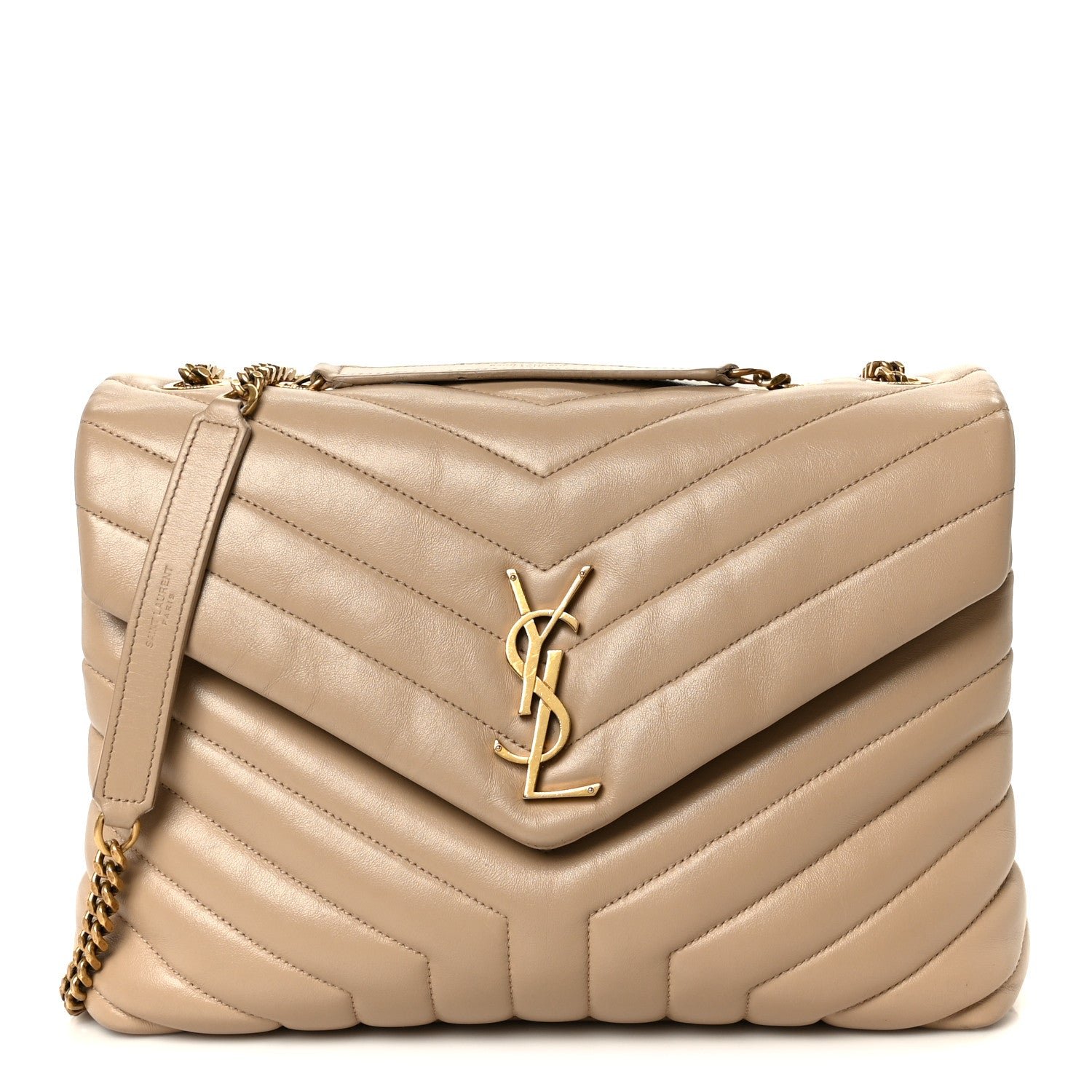 Saint Laurent Calfskin Y Quilted Monogram Medium Loulou Chain Satchel Dark Beige