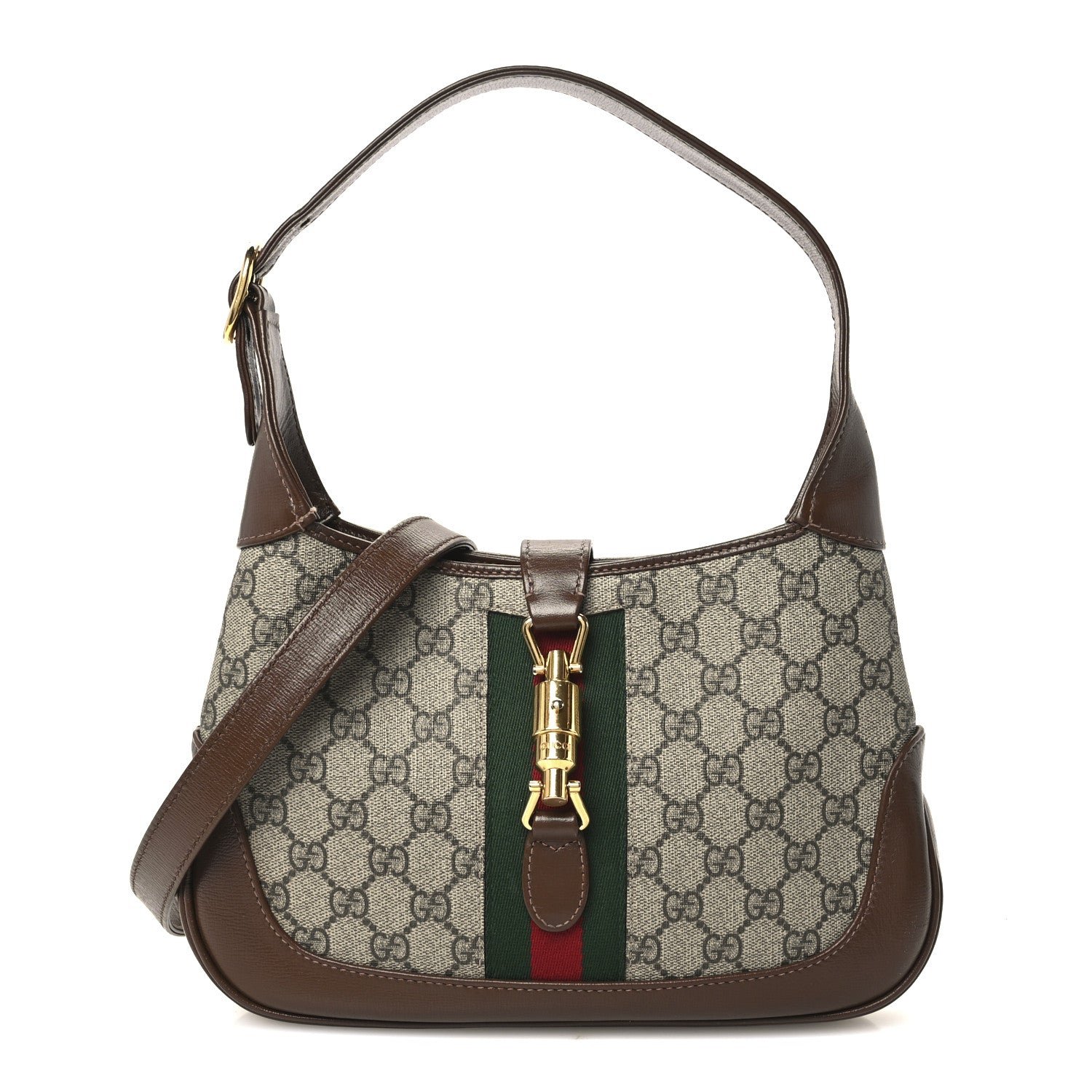 Gucci GG Supreme Monogram Azalea Calfskin Web Small Jackie 1961 Hobo Beige Ebony Brown Sugar