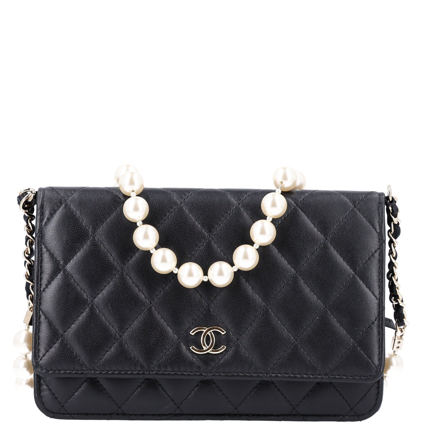 Chanel Lambskin Quilted Pearl Wallet On Chain WOC Black