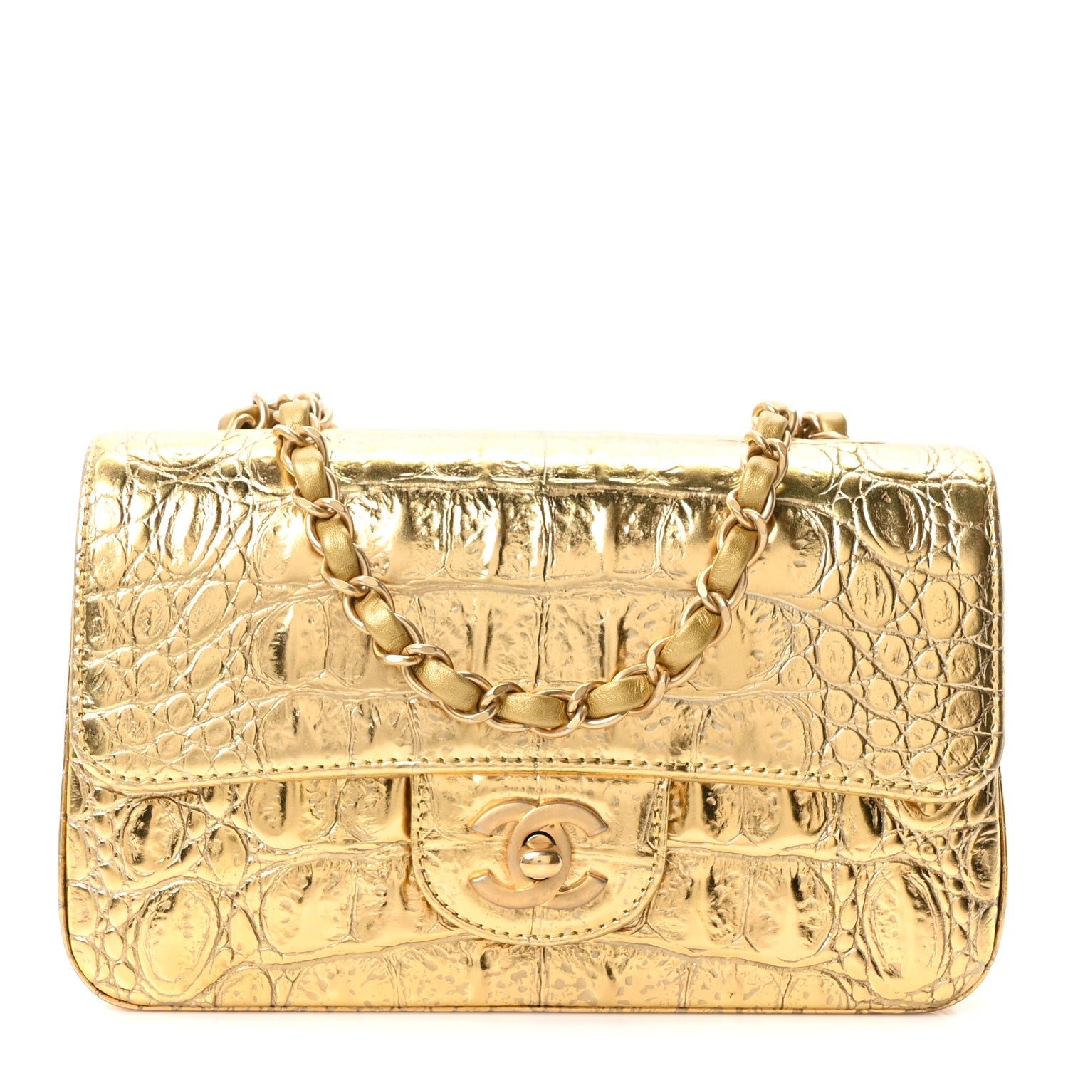 Chanel Metallic Calfskin Crocodile Embossed Cocodile Rectangular Mini Flap Gold