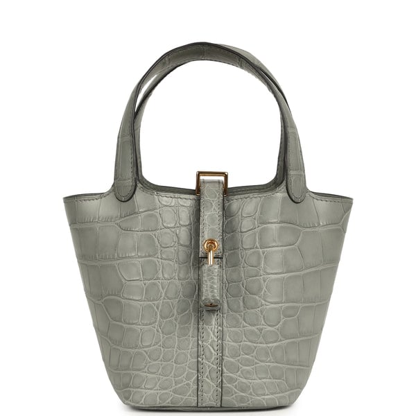 Hermes Micro Picotin Lock 14 Gris Ciment Matte Alligator Gold Hardware