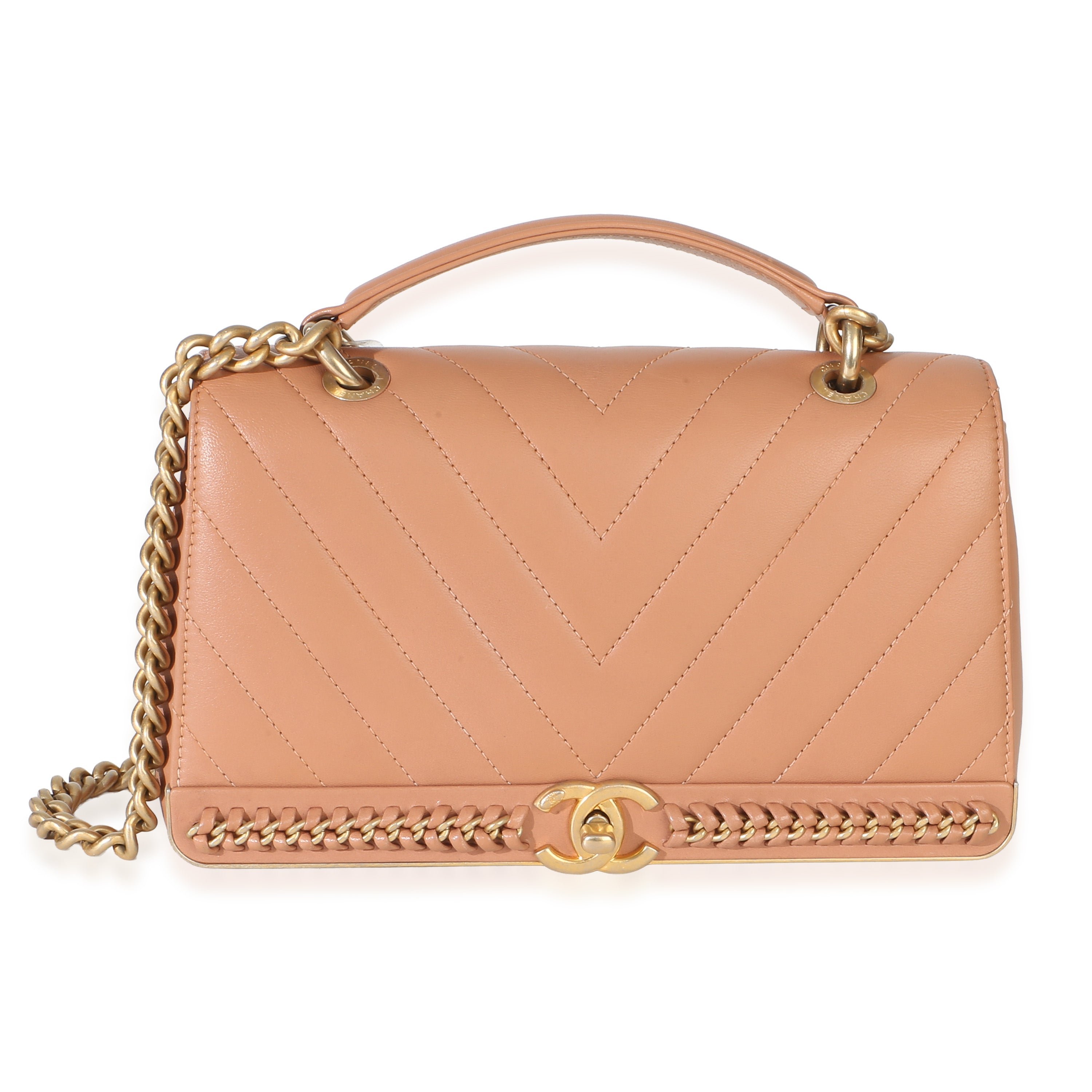 Beige Chevron Lambskin Stitched Chain Flap Bag