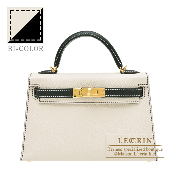 HERMES Personal Kelly bag mini Sellier Craie/Black Epsom leather Gold hardware Shoulder strap 90cm