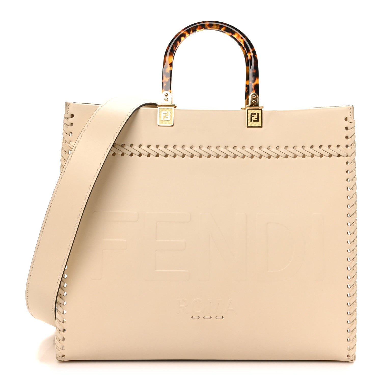 Fendi Vitello King Ceylon Plexiglass Woven Logo Debossed Medium Fendi Sunshine Shopper Tote White Ice