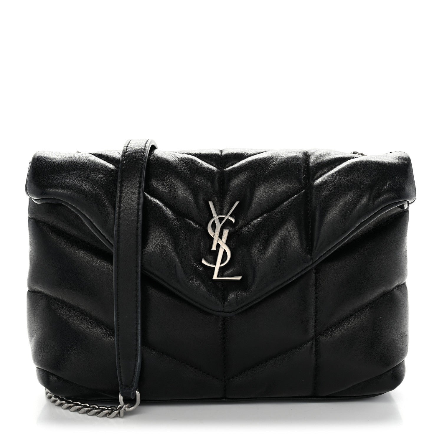 Saint Laurent Lambskin Quilted Toy Loulou Puffer Monogram Chain Satchel Black