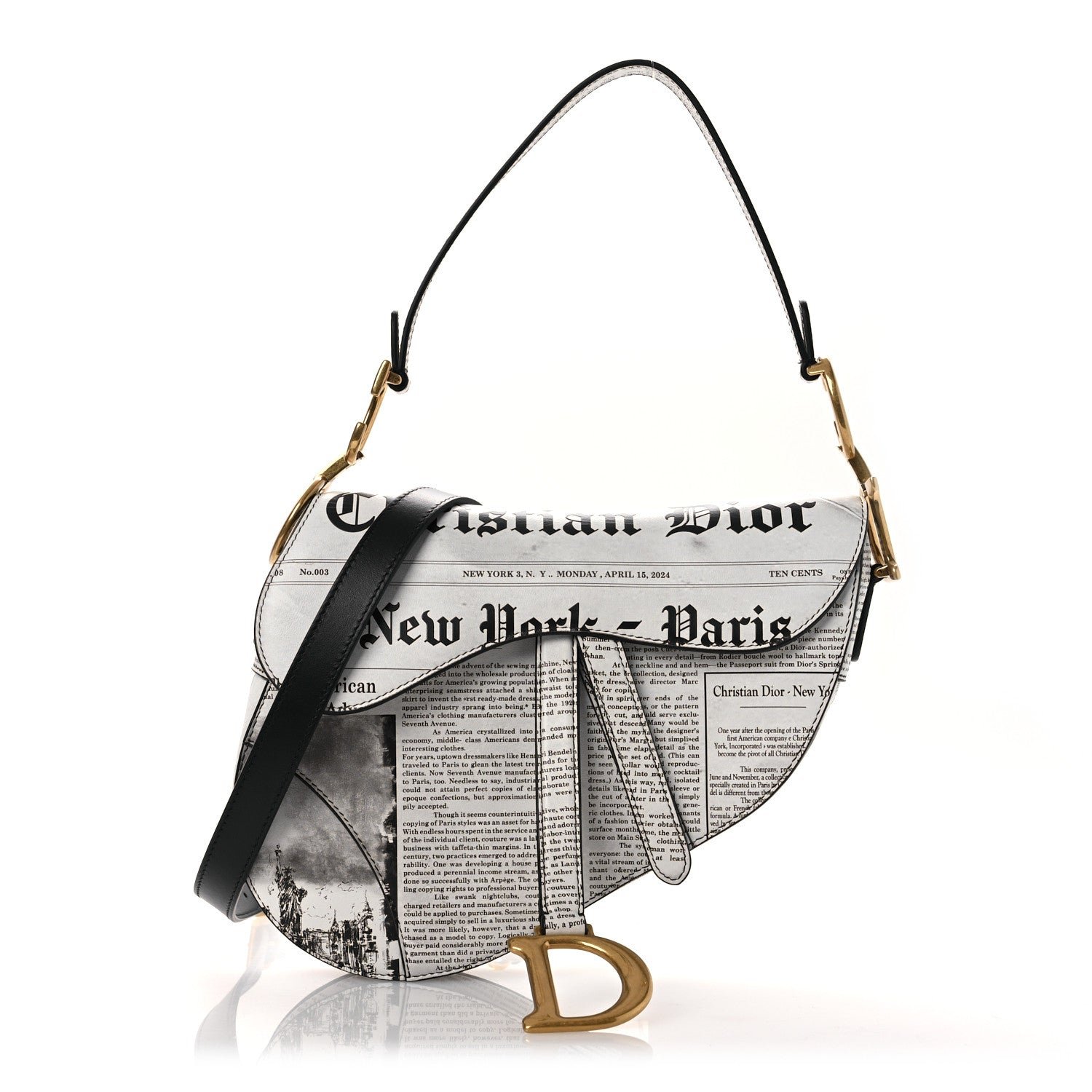 Dior Calfskin Newspaper Printed Saddle Bag With Strap Black White