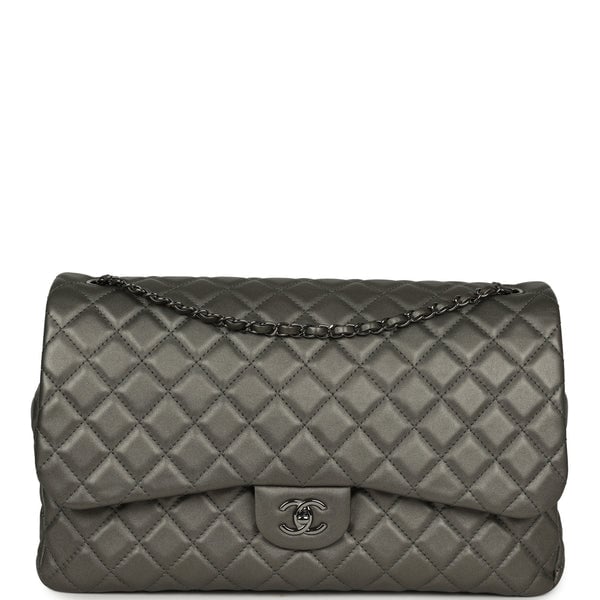Chanel XXL Classic Single Flap Bag Dark Grey Metallic Lambskin Ruthenium Hardware