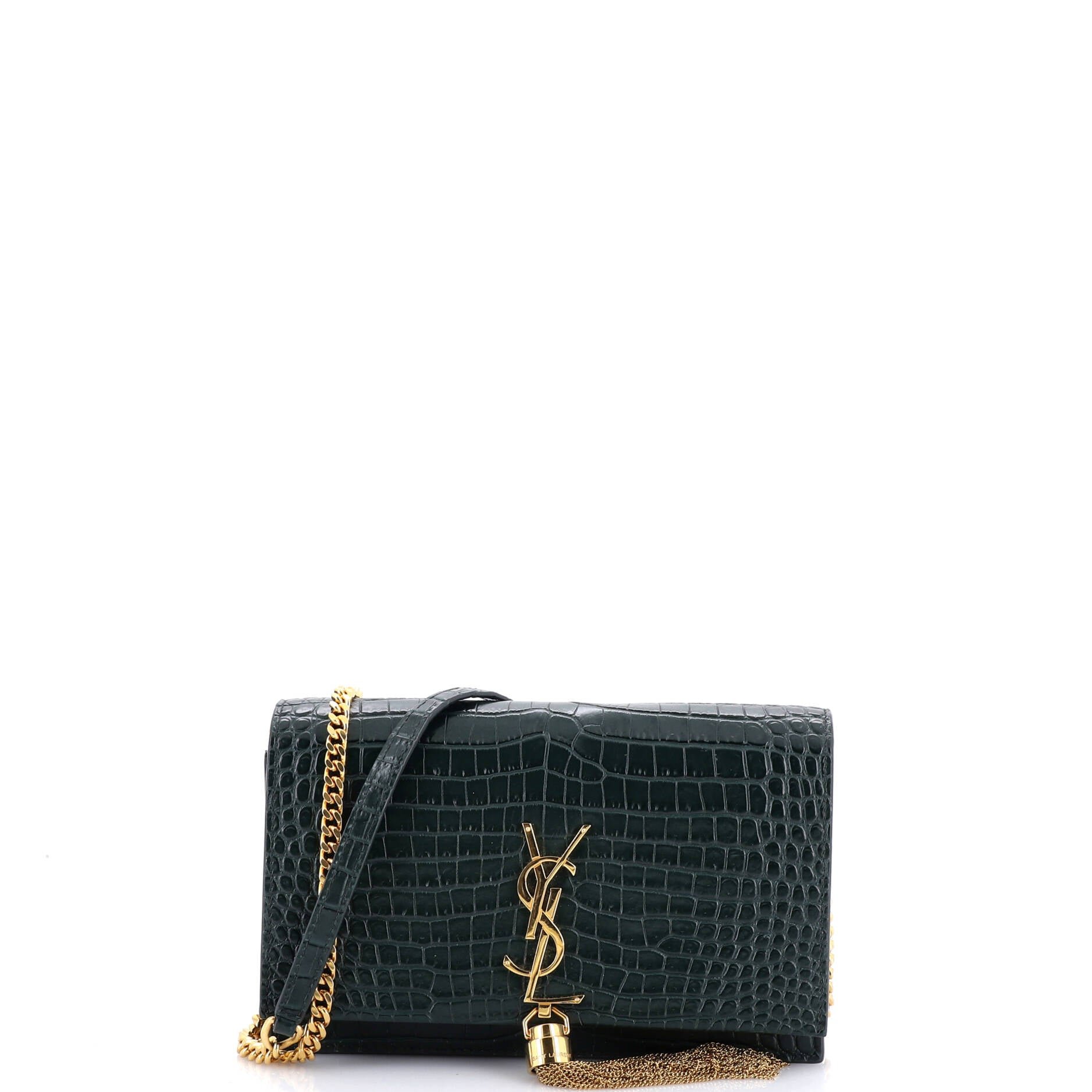 Saint Laurent Classic Monogram Tassel Chain Wallet Crocodile Embossed Leather