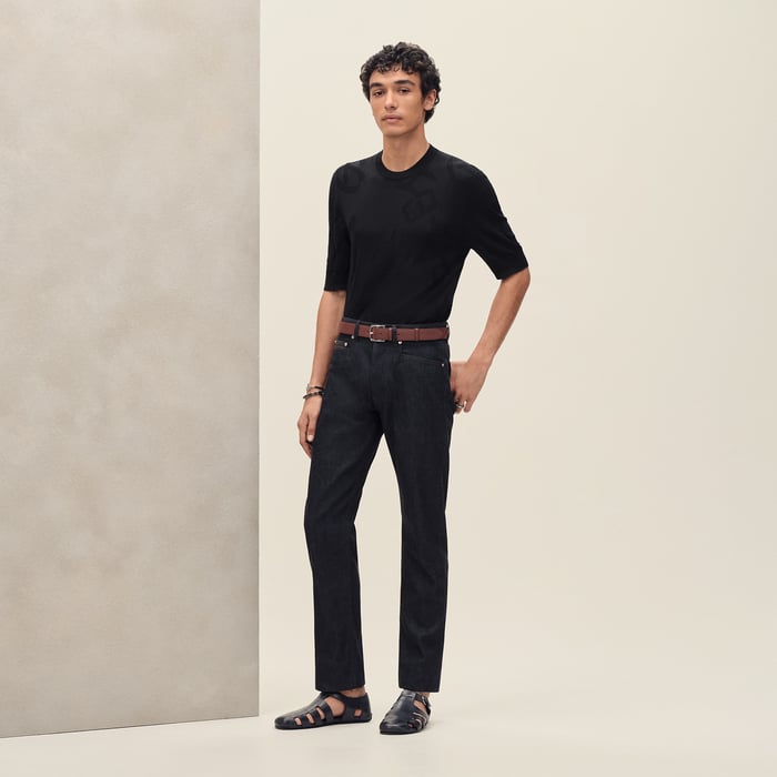 Indigo Straight Cut Jeans With Leather Pocket Detail