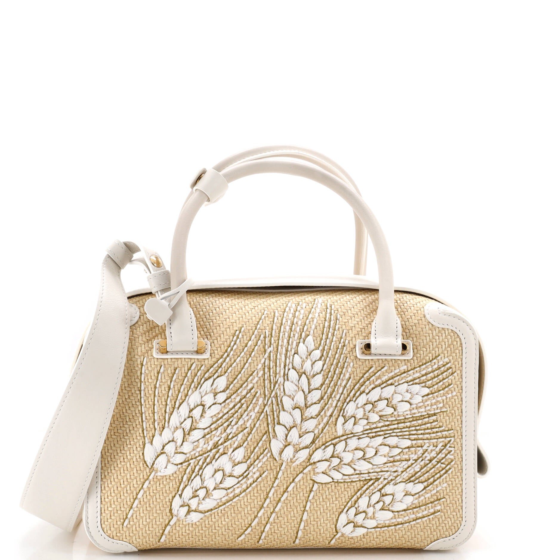 Cool Box Bag Leather and Embroidered Raffia MM