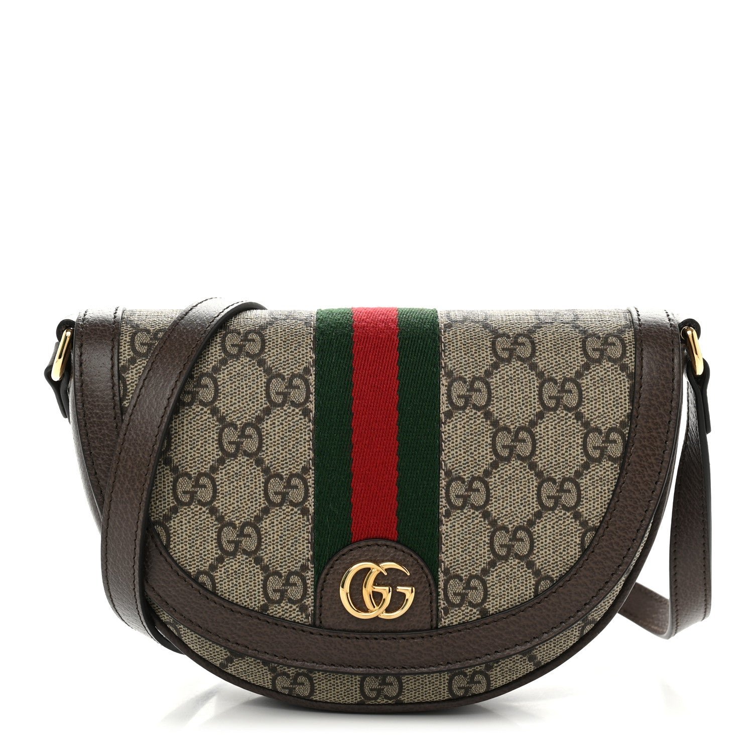 Gucci GG Supreme Monogram Textured Dollar Calfskin Web Mini Ophidia Flap Shoulder Bag Beige Ebony New Acero
