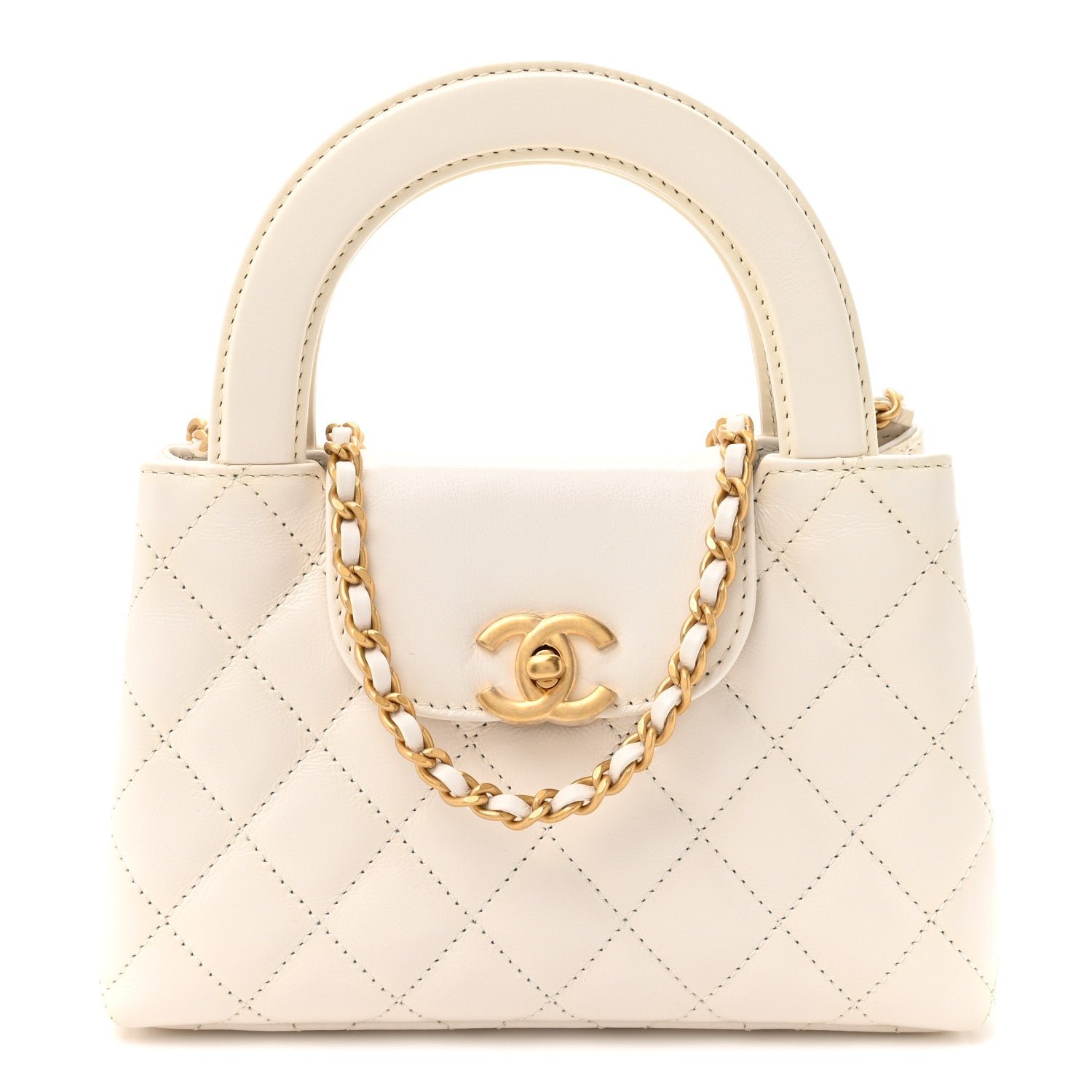 Chanel Shiny Aged Calfskin Quilted Nano Kelly Shopper White