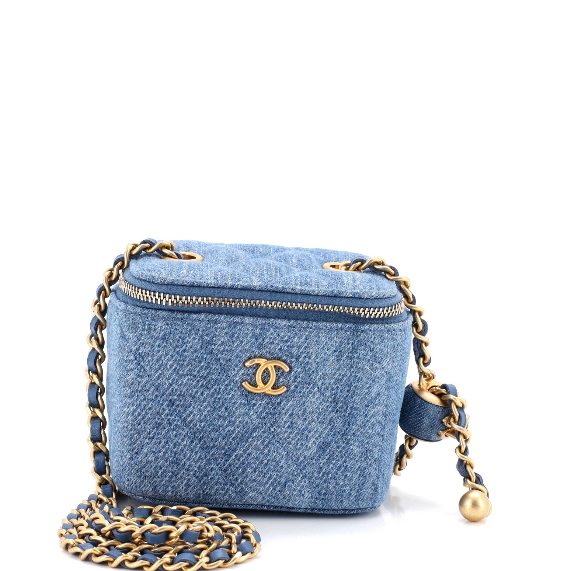 Pearl Crush Vanity Case with Chain Quilted Denim Mini