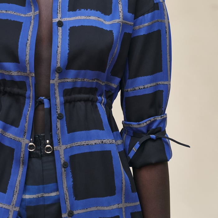 Bleu Noir "Carreaux a Main Levee" Mixed Leather Details Drawstring Shirt