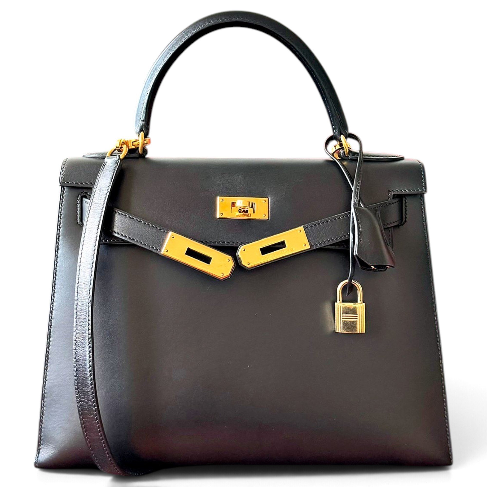 Hermes Kelly 28 Handbag Noir Box Calf Leather 1996
