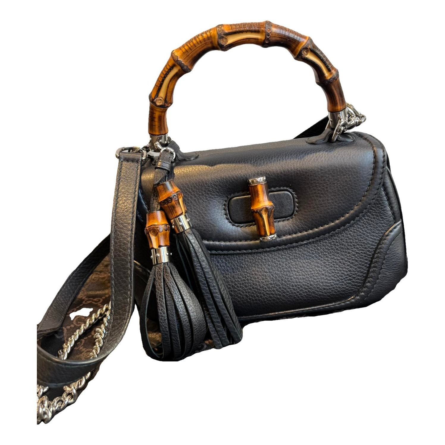 Convertible Pompon Bamboo Top Handle leather handbag