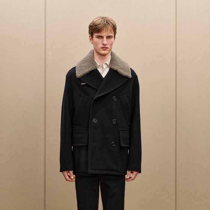 Marine Cashmere Pea Coat With Leather Details
